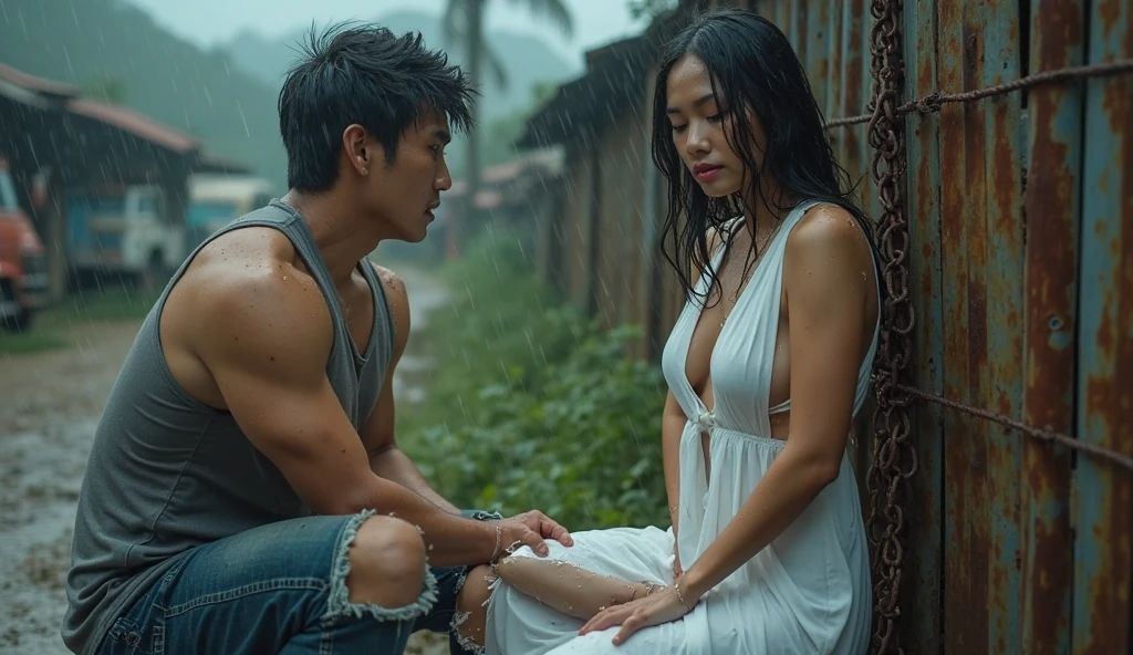 A realistic photograph showing a large, athletic Indonesian man with fair skin wearing a very short white batik sarong, carrying a beautiful nudist young woman with big and fair skin on his shoulders. The weather is very rainy with strong winds and flashing lightning, causing them both to become drenched. They are holding hands and kissing.