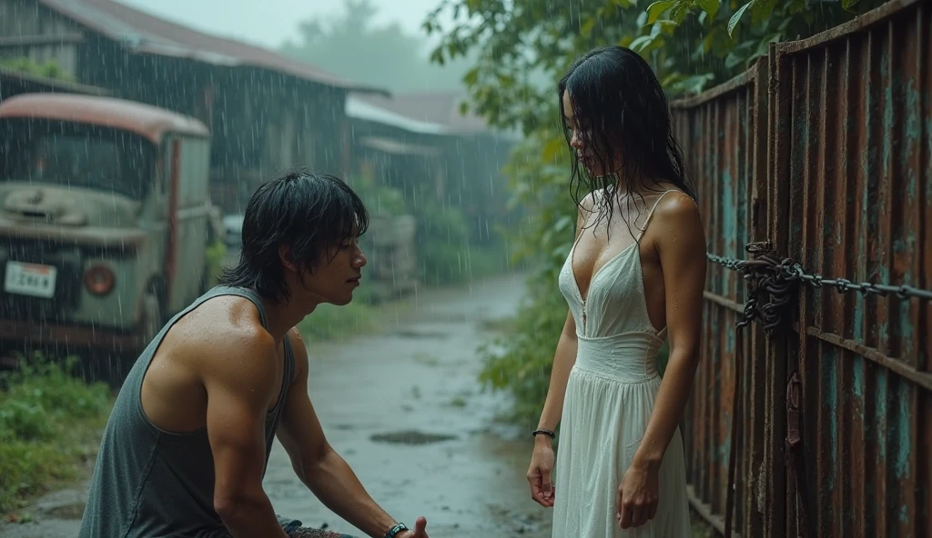 A woman and a man are fighting., Thai teenagers,in the garden ,It's raining outside. 4k details.