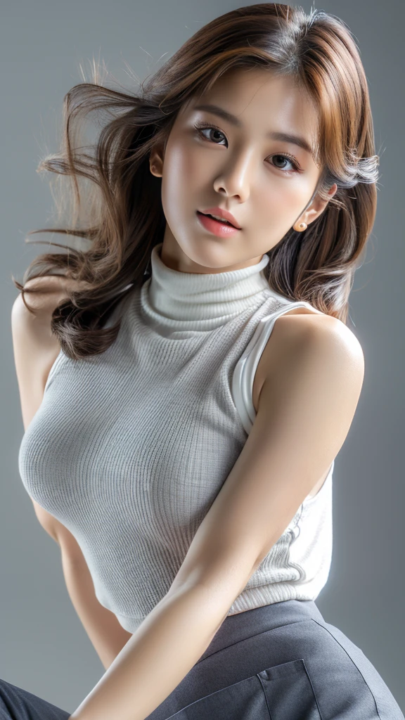 (masterpiece:1.3), (8k, Photorealistic, Raw photo, Best image quality: 1.4), Japanese、(Random Hairstyles:1.2)、Cleavage:1.2、Super detailed face、Attention to detail、double eyelid、Sharp focus:1.2、Beautiful woman:1.4、Light brown hair、Highest quality、masterpiece、超A high resolution、(Photorealistic:1.4)、Highly detailed and professional lighting、Lightweight high neck、finger pointing、long hair、busty、Sleeveless、arm up、arm up