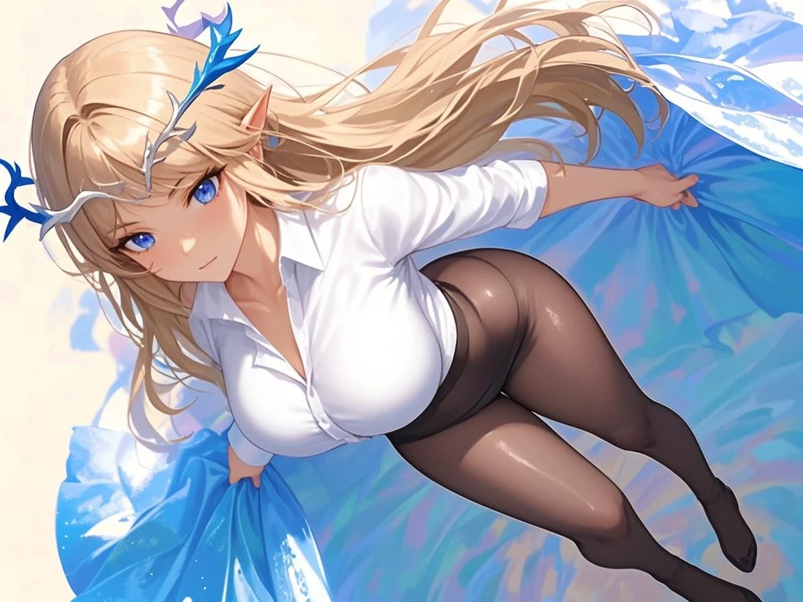 , 8K, highest quality,girl,embarrassing, delicate hands,slender,blonde,long hair,straight hair,beautiful hair,blue eyes,big breasts,tits,elf ears,On bedding,white nightgown,Wet with sweat,frills,See-through,Princess