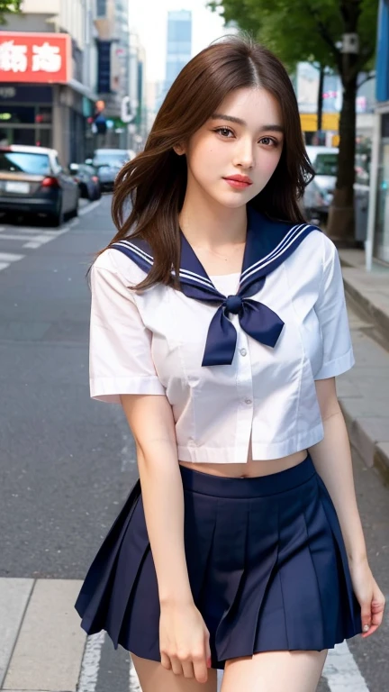 (masterpiece, highest quality:1.2), 8k, official art, RAW photo, incredibly absurd, ( sailor suit, serafuku:1.4), amazing beautiful girl, amazingly cute face, (navy pleated skirt:1.1), close, school uniform, short sleeve, gardenia, violaces, teen, street, looking at the viewer with a smile, no makeup, film grain, chromatic aberration, sharp focus, face light, dynamic lighting, cinematic lighting, detailed eyes and face,short hair、(((white skin without moles)))、 background bokeh、super slim thighs、((Erotic Panties are showing through、beautiful pussy line))、(High twin tails with ribbons:1.4),,((((A very young looking girl:1.3))))、(very young  with big breasts:1.2)