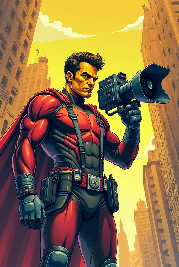 ((Vladimir Zelensky)) in cyborg body armour, battleground with destroyed office blocks, Russian tanks firing , Russian missiles exploding , 2000ad comic book style