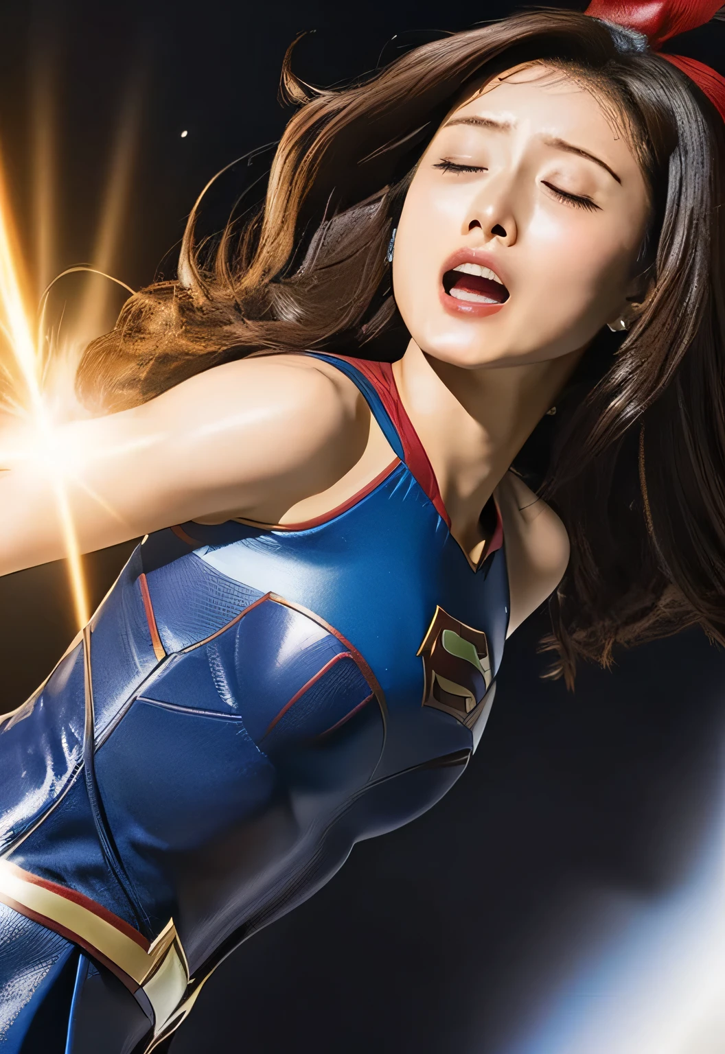 Superhero, Anguished expression, Screaming, Panting, She takes a hit from a powerful enemy, A flash of light penetrates her body, Lean back, Eyes closed, Injury, Heavy damage, fatal wound, seems painful, Cool blue leotard suit, cloak, choker, Cool combat boots, Cool combat gloves, A cool, tight gold belt, A cool star symbol on the chest, skyscraper, Night Sky, Clothes are torn and breasts and nipples are visible

