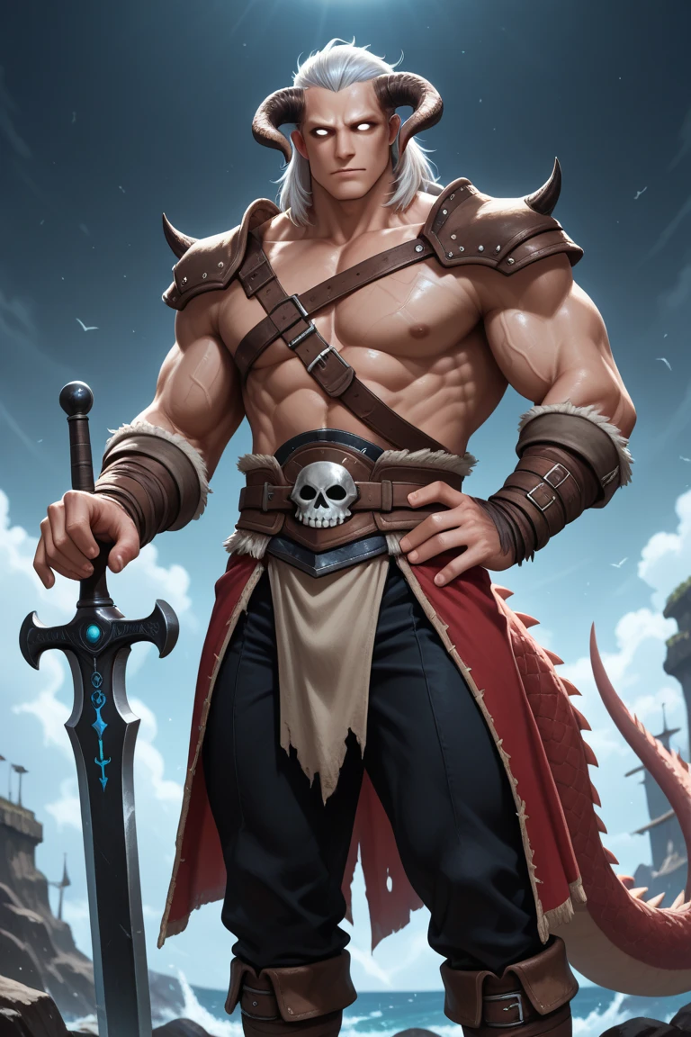 obra de arte, melhor qualidade, high resolution, retrato em close, a beautiful man, A pale prince, Allain, cabelos brancos, white marble skin, olhos vermelhos, sentado no trono, segurando duas espadas que se cruzam em X (a sword is red with blood, and the other sword is silver), sentado em pose intimidante,pernas abertas, luz brilhante, amazing composition, vista frontal, topless, trouseless, red underwearing, bulged, HDR, volumetric lighting, ultra qualidade, elegante, altamente detalhado