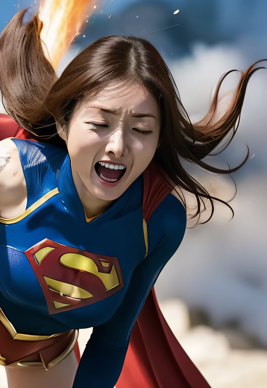 Supergirl is in agony after being choked, A vicious monster has his arms around Supergirl, trying to break her spine., Painful expression, Screaming, Unable to move, Looking up, Eyes closed, Beautiful feet, Tattered