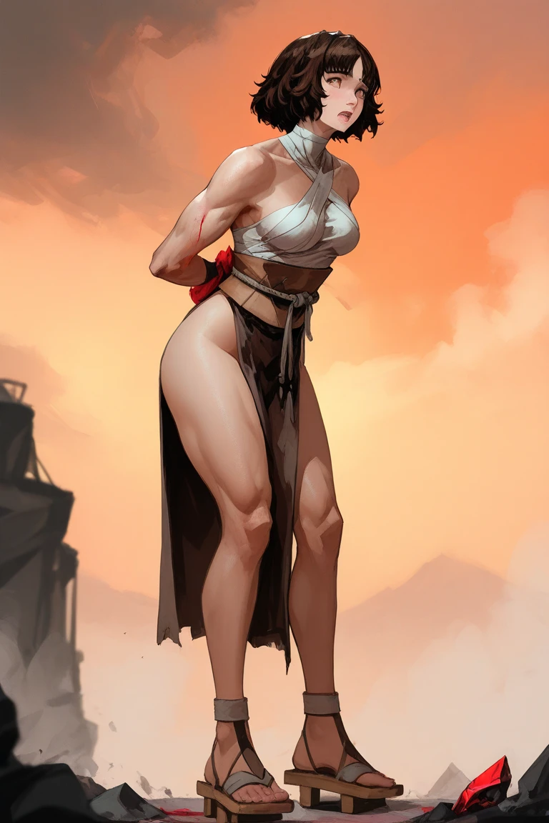 (high resolution, pixel perfect, realistic, gorgeous illustrations), (hyper quality, muste piece, etheric: 1.4), ((((nsfw)))), (((1girl))), ((((black skin)))), full body, (((((((Buttlift, grabbing own ass, anal, after anal, cum in anal))))))), (((((((stand,open legs))))))), tattoo, mature woman, cool atmosphere, black hair, ((((very short hair)))), ((((Exquisite face)))), (((((((muscular))))))), ((thick thighs)), (((wide hips))), ((Big breasts that are about to burst)), fighter, (((woman))), ((((wh_chi_armor)))), ((((loincloth)))), lewd woman, (shiny skin), ((((gleaming skin)))), (((sweat))), simple background,