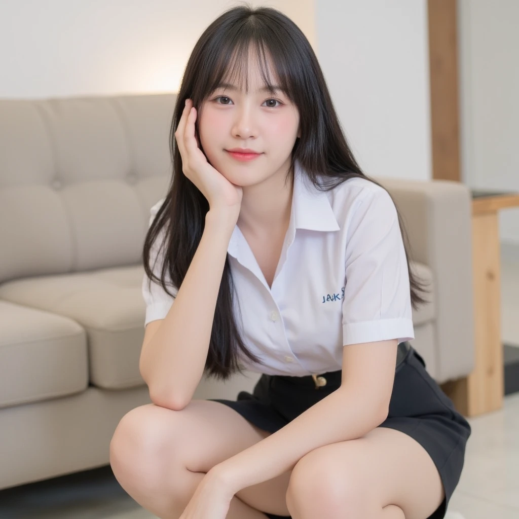 (masterpiece, highest quality:1.2), Alyssa 1.0,  8K, young beautiful curvy filipina girl, 85mm,Official AR RAW photo, baby face、show me your ears、photo shoot, cute face, thicc thighs, After school classroom, looking at the viewer, embarrassing、smile、no makeup, film grain, chromatic aberration, sharp focus, face light, clear lighting, Ten generations, detailed face, background bokeh、((((((25 year old cute girl)))))), clothes with short sleeves、Dark blue bloomers