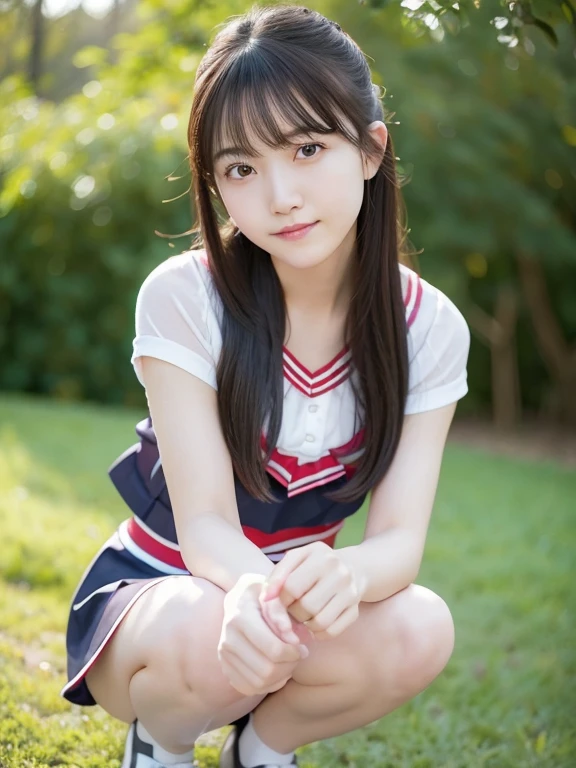 Highest quality、Portraiture、Japanese women、Genuine、1 person,,small,smile,(Aperture value F22,15mm value,ISO100 setting),8K quality,RAW Photos,Professional photography,Professional Lighting,((Hair swaying in the wind))、Young and radiant white skin、Shiny black hair、Smooth and fluffy semi-long hair、Hair tied with ribbons、((Flat Chest))、Shiny beautiful bangs、Clear, attractive dark brown eyes、Slim body、Best moment、small ass、whole body、(Japanese school gym uniform)、boost mood、Run at full speed、Hair swaying in the wind、Sweat gushing、Background blur、