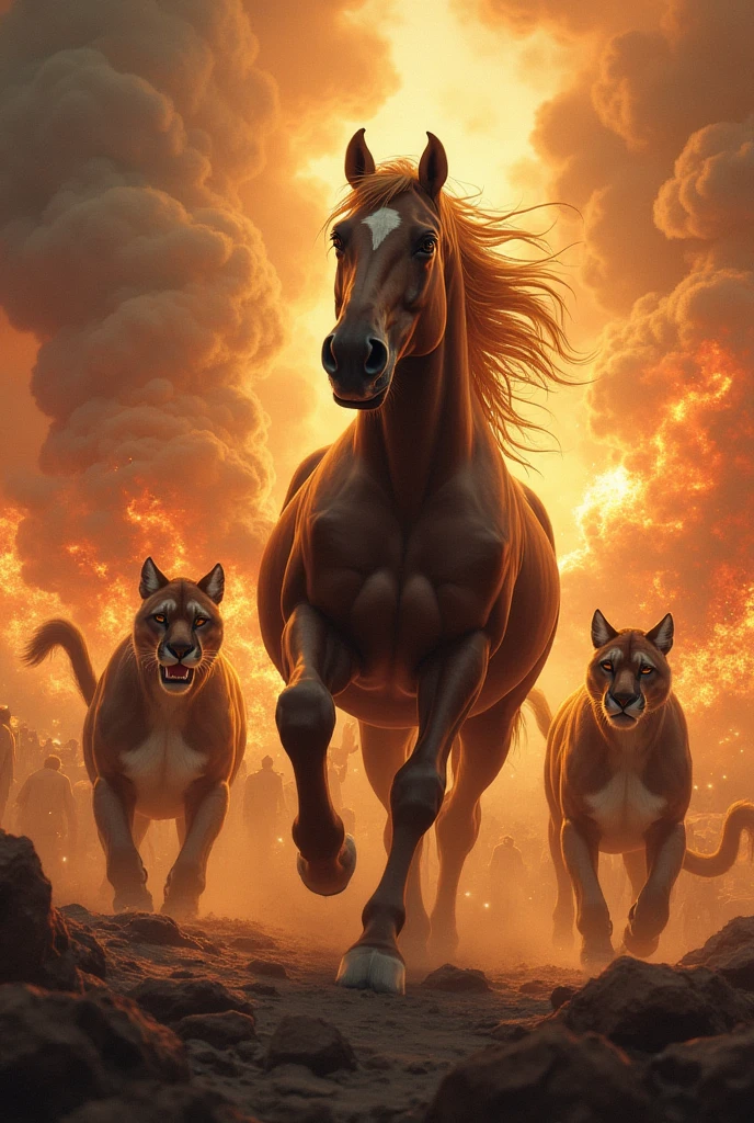 Draw a stunning picture of a horse with a lion's head, corpo majestoso, but with an expression of anger. Ele possui um rabo de serpente sinuoso que se ergue no ar ,chimera, Snake-headed tail, Em sua garupa, um cavaleiro imponente empunha uma espada reluzente, ready to lead this powerful hybrid being into battle. The image should convey the intensity and strength of this lion-serpent horse, inspirado no Apocalipse 9:19. Capture the details of his unique features and the fury in the horse's gaze as he prepares to face any challenge in front of him. That the backdrop reflects the epic ambience of an epic battle, adding drama and grandeur to the scene.