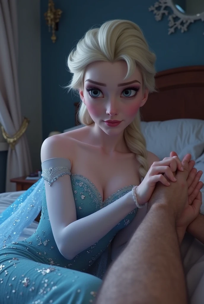 (aesthetic,fille,detailed eyes and lips),illustration,guapo ,ultra-detailed,high resolution,physics-based rendering,Professionnel,Des couleurs vives,Soft lighting?Elsa?ELLE FAIT UNE FELLATIO?1boy?penis,elle aime,