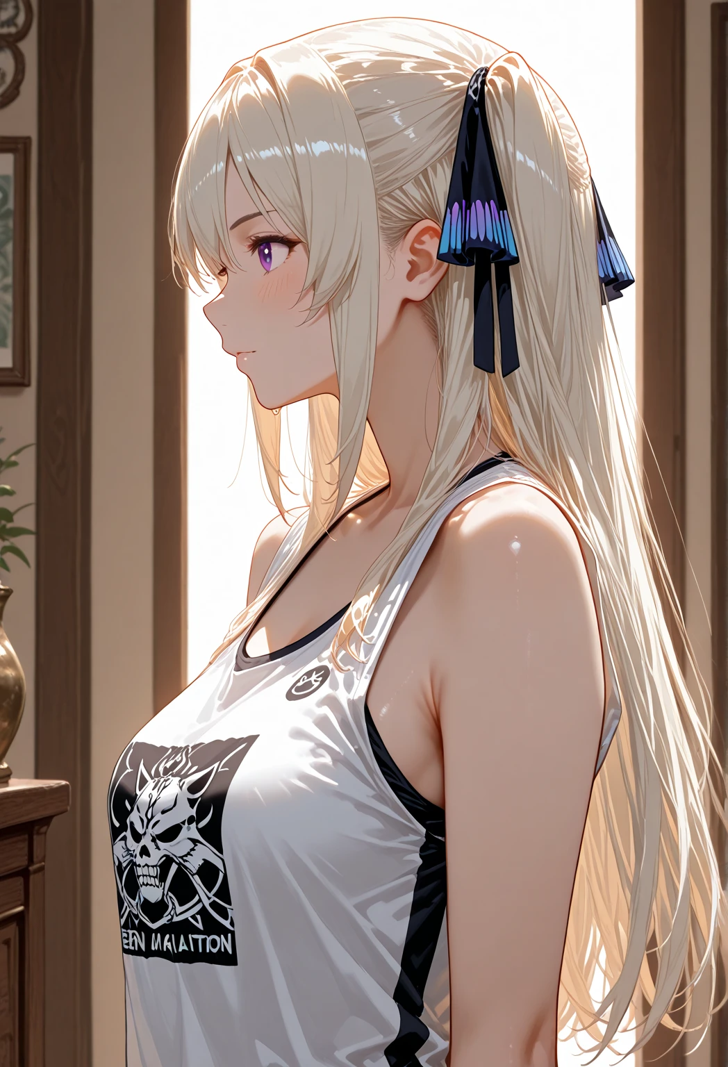 (masterpiece, top quality, best quality, official art, beautiful and aesthetic:1.2),1girl, tattoo, solo, japanese clothes,  hair ornament, unsheathing, blonde hair, sheath, back tattoo, blue eyes,  off shoulder, bare shoulders, looking back, from behind, flower, looking at viewer,  holding, makeup, 
indoor,