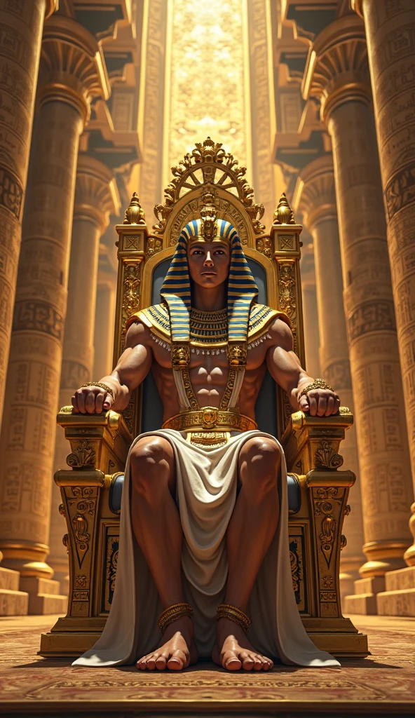 Young Pharaoh with white tea (handsome) seated on his throne, with his torso bare