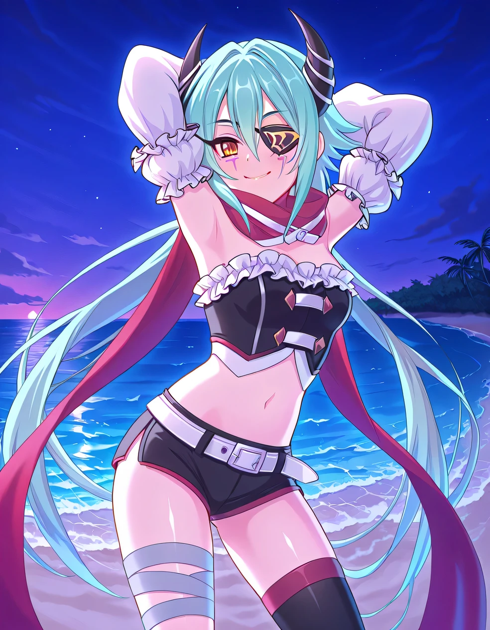 Silver Hair、Long Hair、Pale skin、Emerald green eyes、Red flower hair ornament、Small breasts、Black Micro Bikini、High Leg、masterpiece、High resolution、highest quality、Detailed face、Anime Moe Art Style、abdomen、belly button、Cowboy Shot、blush、Embarrassing、smile、Outdoor、healthy、Puffy nipples、Anime Best Girl, Cute Anime Girl、Beach、Groin