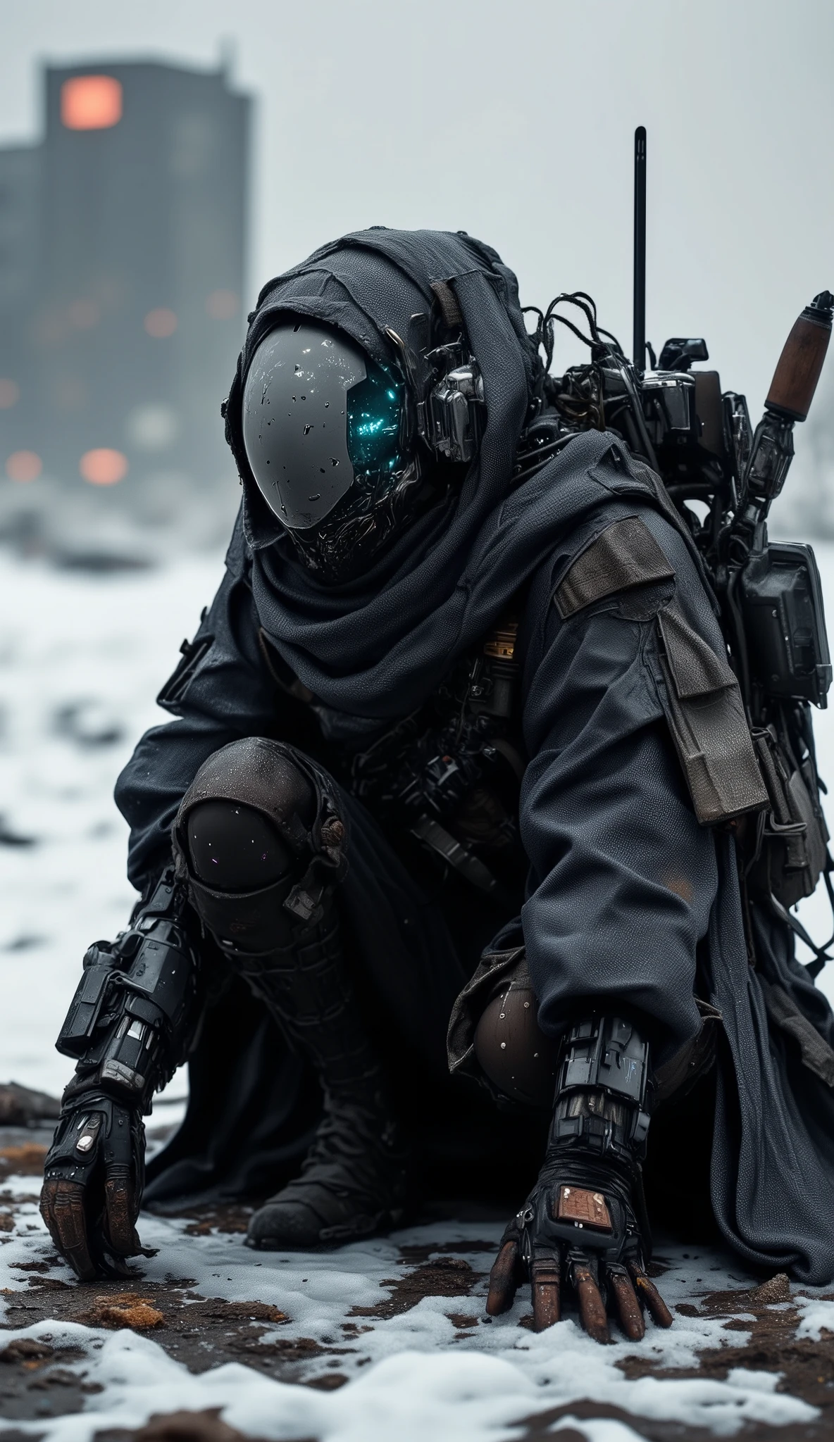 Recypu style, Cyberpunk highly detailed, high-resolution photograph. A futuristic, armored warrior crouching on a gritty, desolate snow-swept plain. The subject's head is covered by a sleek, metallic plain helmet that obscures the face, giving an ominous, robotic appearance. The helmet is adorned with various sensors and neon blue flux core lights flowing, suggesting advanced technology. The warrior's body is clad in a full suit of advanced, high-tech armor, primarily made of a mix of metal and synthetic materials. The armor is heavily detailed with intricate circuits, joints, and mechanical components, indicating advanced robotics and cybernetics merge in biomechanical system. The suit is predominantly black with hints of dark gray and silver, and it is adorned with various pouches, straps, and utility belts, suggesting a high level of tactical gear. The warrior's left hand is extended forward, showcasing a complex, mechanical prosthetic with multiple fingers and advanced articulation. The right hand rests on the knee, also with a prosthetic that appears more organic, possibly biological. A machine gun with a brown handle is sheathed on the warrior's back, adding to the military aesthetic. The background shows an industrial, urban environment with blurred, metallic structures and a gray sky, emphasizing the gritty, post-apocalyptic setting. The overall mood is intense and futuristic. sentinelbot. apoclypseStunning aesthetic sythwave, vaporwave landscape Computer generated, 80s graphics, retrofuturism, neon, vibrant, geometric, intense, sunset, flamingos, 2d, computer graphics textures, cgi,