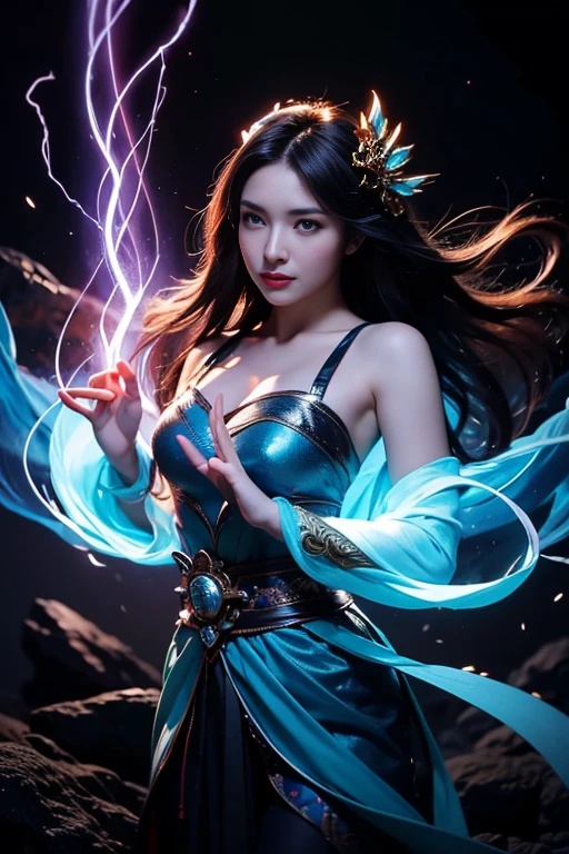 (((UHD))), (((masterpiece))), (((8k))), (((highres))), (((Surrealism))), (((cinematic lighting))), god rays, zoom layer, (((fullbody shot))), f/4.0, Canon, shiny skin,detailed skin,detailed face, detailed eyes, goddess of Racing lightning bolts, in a costume flying through the air, concept art by Eddie Mendoza, trending on Artstation, fantasy art, goddess of lightning, splashes of lightning behind her, japanese lightning goddess, lightning fantasy magic, maya ali as a lightning mage, she is attracting lightnings, cinematic lightning and colors, with lightning bolts, zenescope