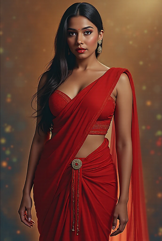 A confident-looking indian with long flowing hair, looking at viewer,hazel eyes, cyber background blue and red light, perfect composition, hyperrealistic, super detailed, 8k, high quality, trending art, trending on artstation, sharp focus, seductive, red saree, hot, sexy