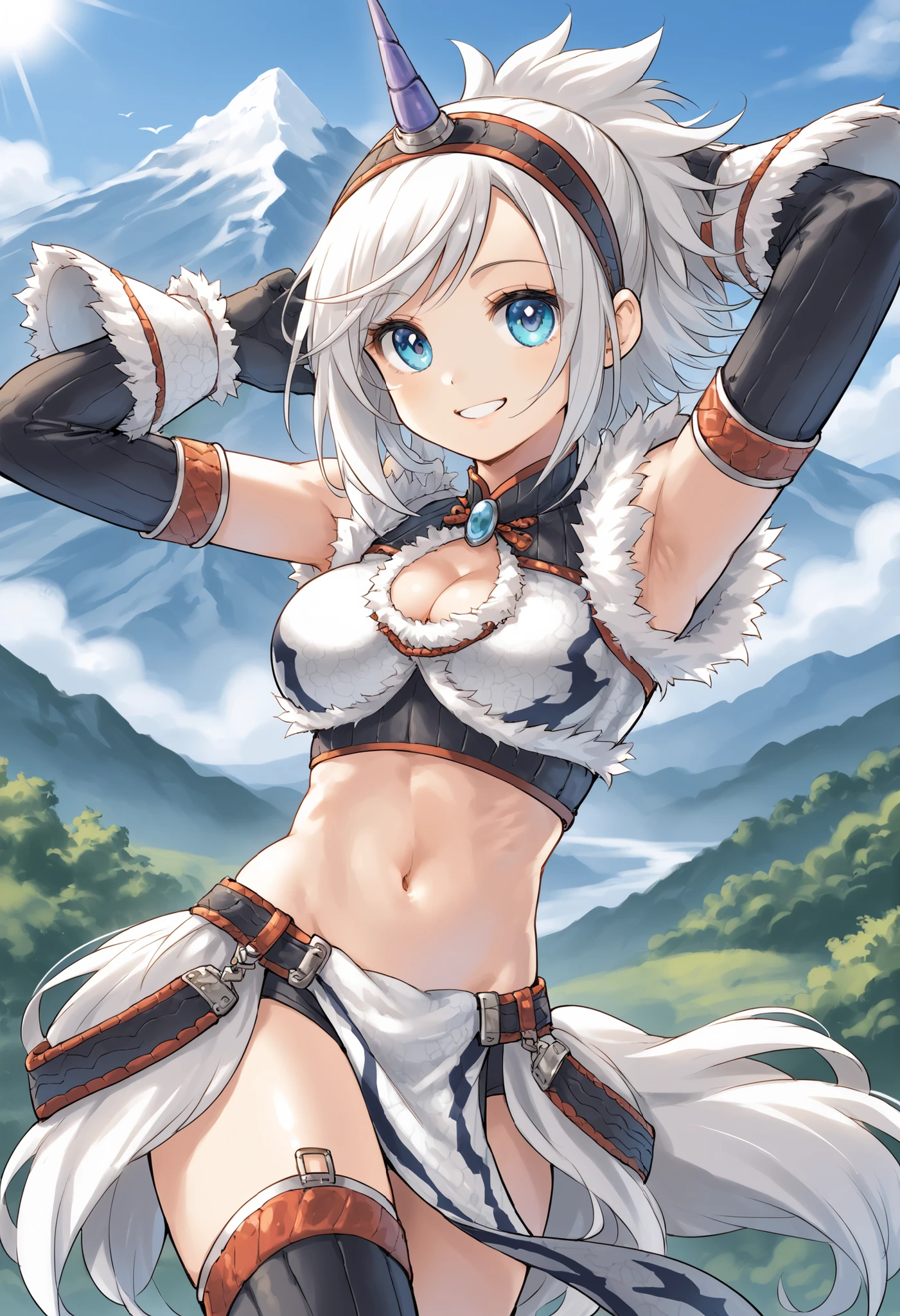best quality, integrated scenery, integrated background, extremely delicate and beautiful, meticulous details, good composition, , cute face, perfect face,( score_9:0.9), score_8_up, score_7_up,rating_safe, anime style,(zPDXL), Armor , young_girl, Alone, single_purple_horn Hairband, Blue Eyes, , belly button,large_breasts, white loincloth, white kimono sleeve , smile, mountain background, monochrome, white bandeau, armpit,raise_arm,(abs:0.65),smile,spiky_bangs,sunlight,spikey_shaggy_hair,oil,knee-highs