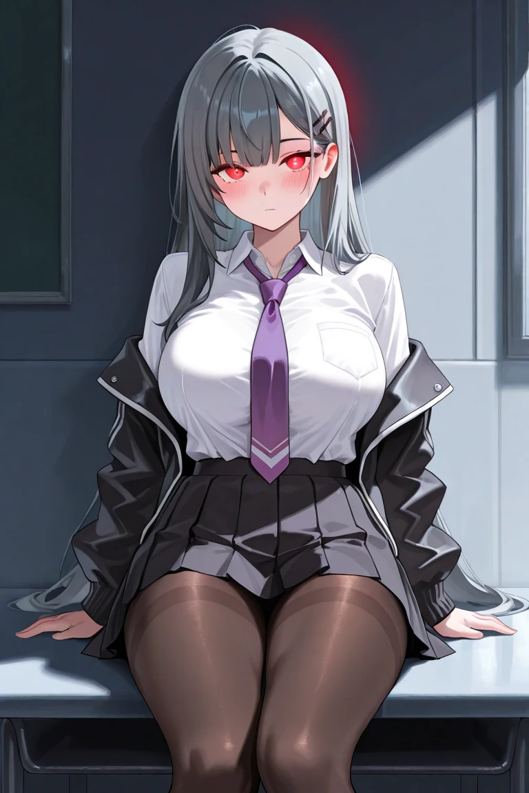 (masterpiece: 1.6, best quality), (Eyes are thin and beautiful: 1.2), (Elevated), high quality, pretty face, 1 girl, Leather sheath skirt, oversized leather jacket, Big deal , long hair, wide hips, (Landscaping), street, background, Detail background, Spooky smile, angled laughter, long coat, shirt, tie, female office worker,