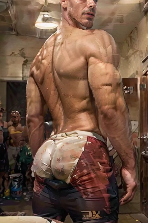 contorno, Estudo da figura masculina de 20 anos, Joven atleta musculoso, standing, corpo robusto completo, completamente nu, totalmente , , Resignation, Au natural, Cubra a virilha com uma toalha branca, apenas traseira, Crowded gym shower with water jets and men showering in the background, Bolos, Por Harry Bush, James Montgomery Flagg e Lois van Baarle e Jim French e RossDrew, Olhos realistas detalhados, large bare feet, large lump in the groin, muito bonito, lindo. Asas de anjo angelical. Aquarela tinta manchada e pingos de tinta