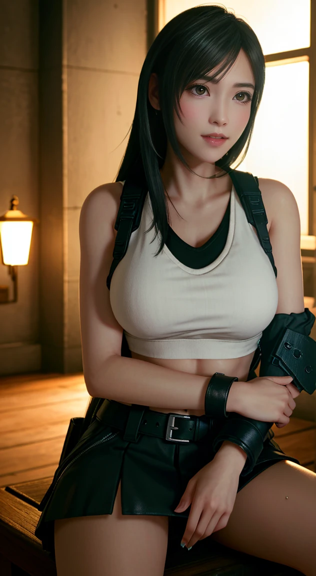 8k,masterpiece, bset quality,huge tit、(1girl in、tifa lockhart、red_eyes、black hair、long hair、Flapping hair, Adult beauty、shinny skin、Shiny big)、 ((top-quality))、 Crisp focus:1.2、Highly detailed facial and skin texture、A detailed eye、face perfect、perfect bodies、art by、CG、Blur the background、Big breasts with a strong presence、(20yo,Mature cool and beautiful face、elongated eyes)、wear ((Suspender Black Skirt)),(( Black Elbow Gloves,White taut shirt、Thigh、white tank tops、Ankle Boots、Red boots、a navel、red blush))、jukebox、Old bar、upper body、a smile,Professional-looking light source、Fluttering hair、Random angles、 Low waist,thick thight、face lights, Cinematographic lighting、Midgar、Making alcohol at the counter、looking at viewert