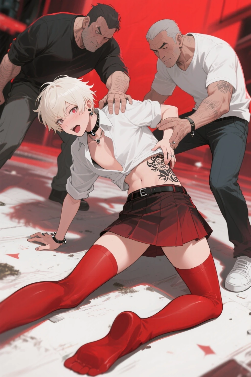 ((collar,leash,connected,bond,scared face)),black eyes,shorts,Top tank, Sex, hentai, vagina, Nipples, penis, sperm, How, naked body, blowjob, 2 guys fuck a girl in the mouth and vagina, side view, the girl was passed around in a circle, A lot of guys, Full body