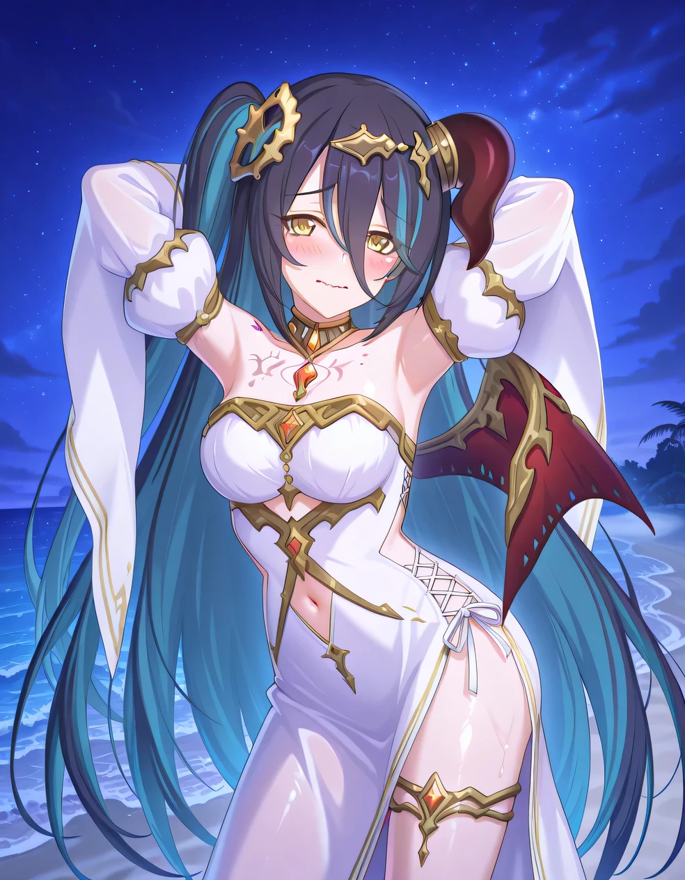 medium breasts, outside, smiling, daylight, horns, blue hair, detached sleeves, bell