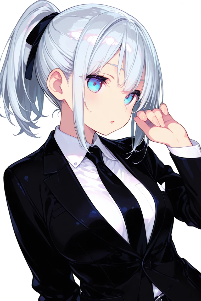 18-year-old boy，Fair skin，cute，Wear a white long-sleeved shirt with a black jacket and a black work tie，Wear black pants，Wear black booties，Wear white gloves，Wear a collar，White hair，black eyes，Very thin waist，Very thin legs，Handsome，Expression of disdain and indifference，shy，blush，Fear，Sweating，exhausted，pornography，Pornographic action，There is cumming，Fucked to open mouth,嘴巴里There is cumming