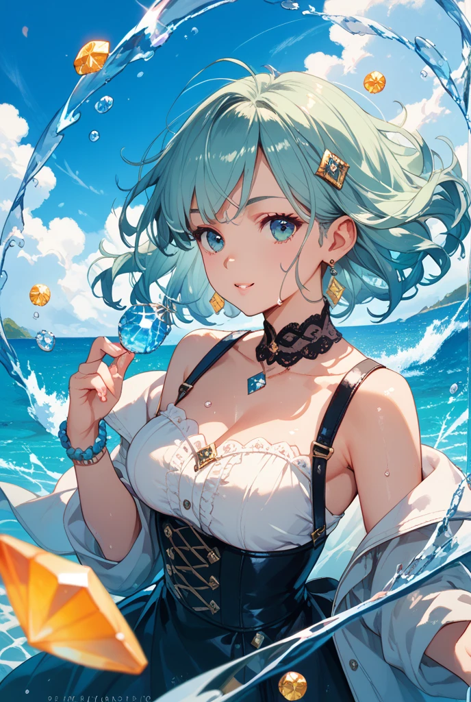 1 Girl, closed eyes, nose, elf ear, eyebrow, smiling, teeth, big green hair, dyed nape blue, bangs, hair between eyes, Watery Big Eyes Sukumizu Wet Hair Hair Spread Out Ear Stud Swimming Pool, lora :add_detail, short tummy sweatshirt, short skirt, slim waist, tummy, big chest, thick legs, big thighs, standing