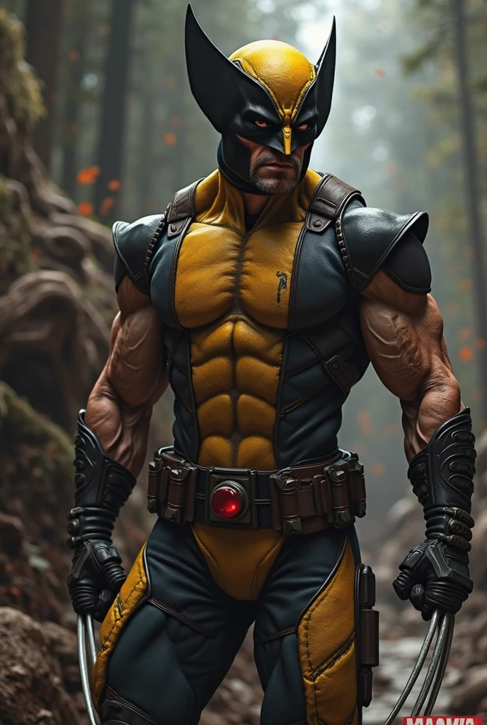 Ator Hugh Jackman com uma fantasia de Wolverine posando para uma foto, Traje amarelo do X-Man, Traje X-Man, x traje de homem, Roupa X-Force de corpo inteiro, personagem de quadrinhos, imagem hiperrealista de x, Iconic character of high detail, wolverine action pose, Personagens dos quadrinhos da Marvel, hyper realistic octane render 4k, renderizado , Personagem da Marvel