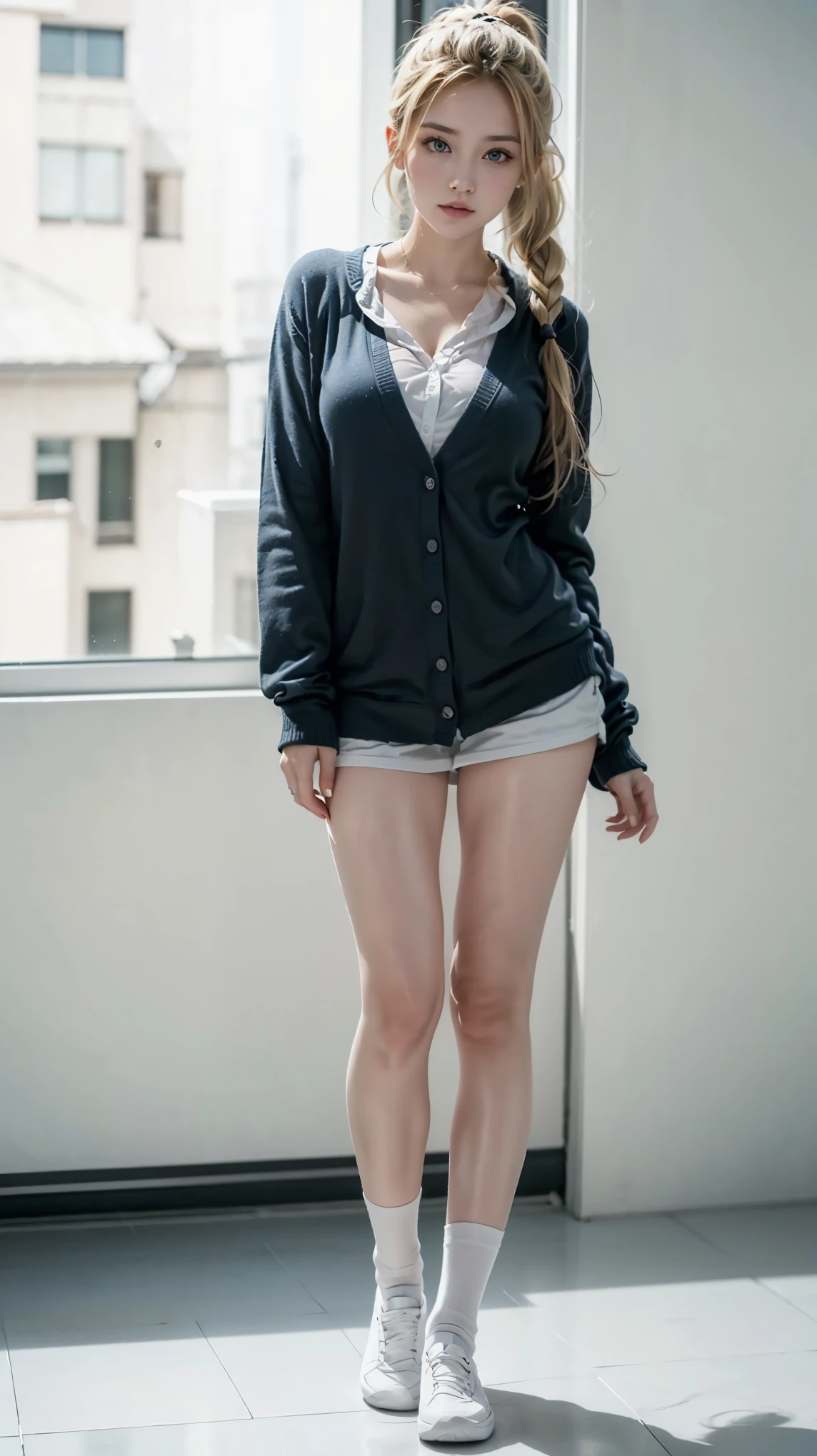 (obra-prima, sem lineart, best quality,:1.2), 1 menina, (Sozinho:1.3), cardigan , school uniform, saia, loose socks, school shoes, (waifu, excepcional, best aesthetics, novo, novoest, best quality, obra-prima:1.2), macio_Lighting, macio_pele_tom, (white background, simple background,:1.2), Betty Cooper, blond hair, ponytail, deep blue eyes, walking, Belle, PERSEPHONE, (fullbody:1.8)