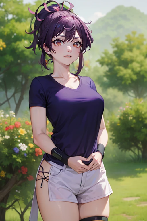 ((Masterpiece)), ((Best Quality)), ((highres)), ((UHD)), ((absurdres)), (1 girl), ((ultra-detailed)), ((dramatic lighting)), blushing, smile, green eyes, bob cut, bangs, black hair, short hair, ((choker)), crop top, ((black tank top)), ((black pleated mini skirt)), ((gigantic breasts)), ((cleavage)), shiny skin, vivid colors, full body shot, ((sharp focus)), outdoors, standing up, green grass field, feminine, shy, ((award winning)), ((arms behind back)), navel, seductive, alluring, sexy, (perfect face), perfect female figure, ((perfect anatomy)), black eyeliner, black lipstick, ((gothic)), ((Perfectly round breasts))