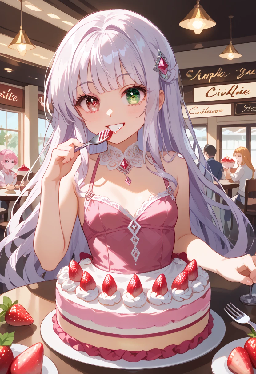 Highest quality, 8K, Highest quality, ((High school girl with odd eyes)), ((Heterochromia, crimson eyes, green eyes)), ((Sparkling and delicate eyes)), ((Very accurate eyes)), (Platinum and purple long hair), Princess cut, ((Transparent and shining white skin)), Glossy skin, Very white skin, ((Very small breasts)), ((Anatomically accurate depiction)), ((Accurate number of fingers)), ((Detailed depiction down to the fingertips)), ((Wearing a moss pink silk dress in a beautifully decorated cafe restaurant, eating cake by stabbing it with a fork)), Appearance of eating cake, ((Eating cake with a fork in one hand)), Beautiful fruit cake, Appearance of eating cake, ((Detailed depiction of strawberry cake)), , Smile, Very beautiful, Beautiful cafe/restaurant, Gentle light

