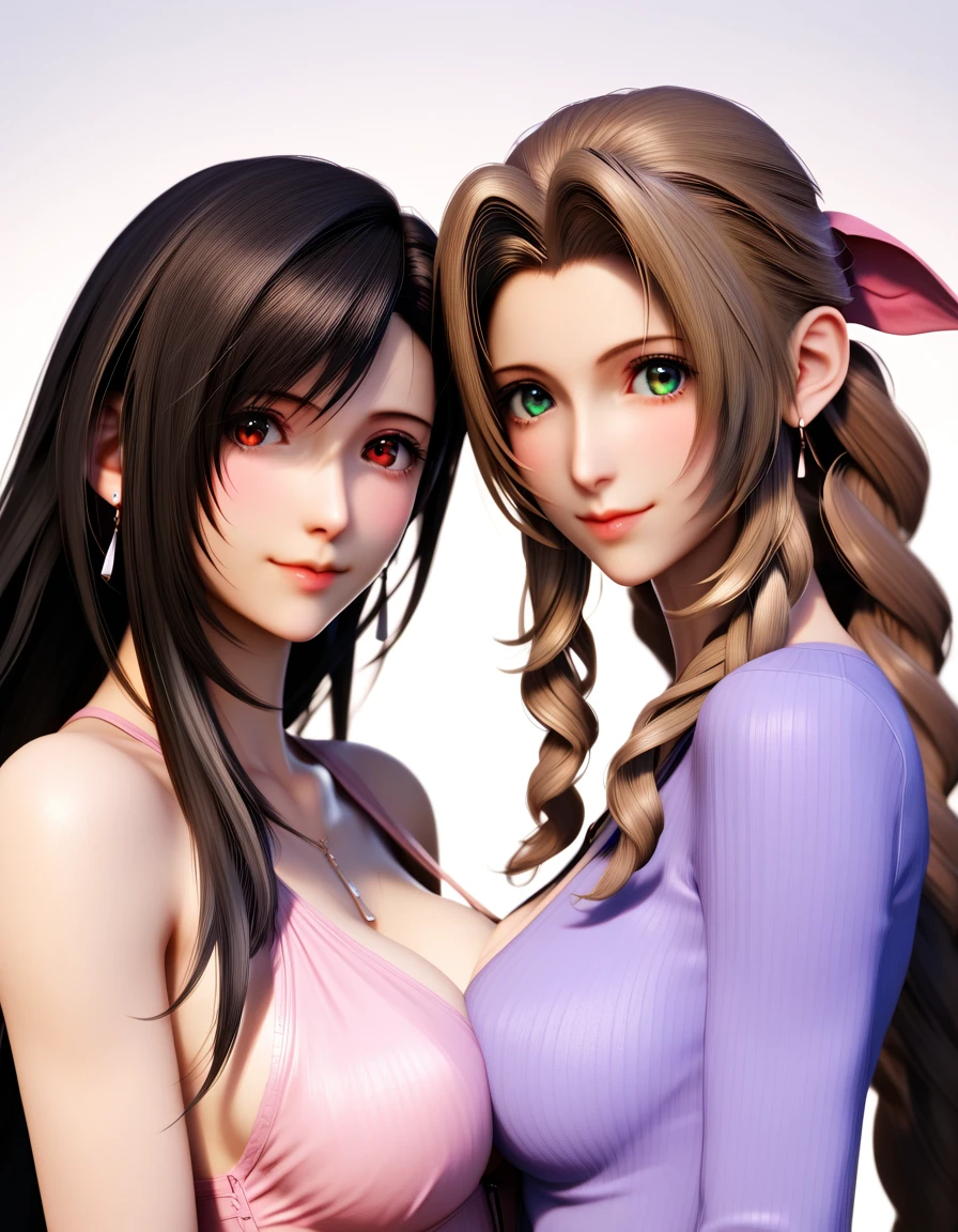 Tifa Lockheart and Aerith On The Beach Completely Naked, UHD, masterpiece, ccurate, anatomically correct, high quality, high details, super detail, textured skin, best quality, highres, 16k