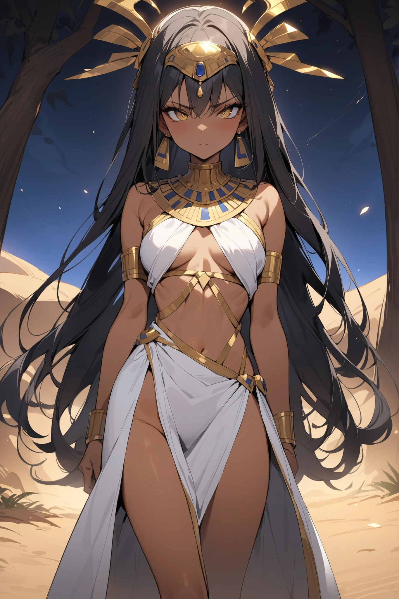 1girl, solo, , (dark skin:1.15), black hair, medium long hair, ((hime cut, blunt bangs, blunt sidelocks)), messy hair, straight hair, flower over head, blue flower, yellow eyes, glowing eyes, egyptian clothes, white top, navel, (pelvic courtain), old fashioned clothes, (small breasts), inexpressive, neutral, standing, arms behind back, looking at viewer, (upper body), starry sky, stars, masterpiece, best quality, 4k