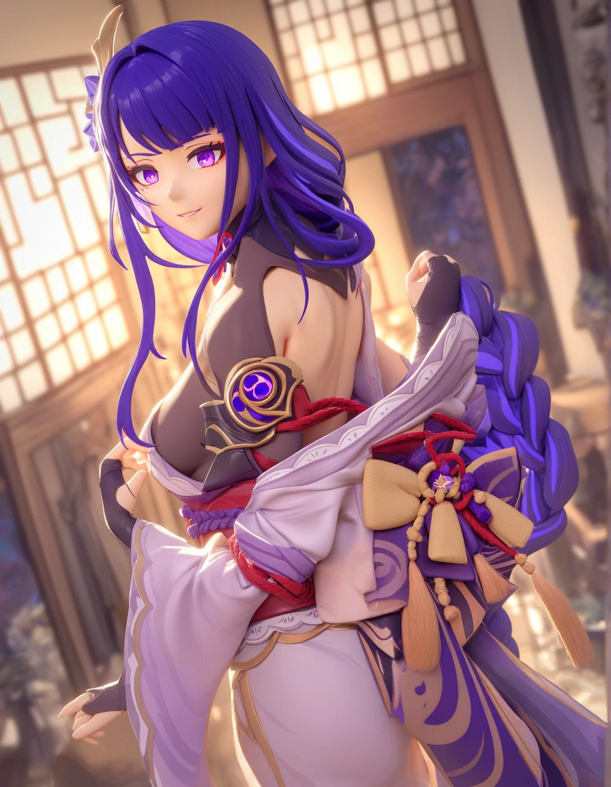 masterpiece, highest quality, Shogun, Raise one leg,One girl, alone, Cute face,Long Hair, View your viewers, hair ornaments, Knee socks, Long sleeve, ribbon, Holding, Cleavage, Mouth closed, Purple eyes, arms, Purple Hair, Braiding, flower, kimono, sword, Wide sleeves, kimono, Holding arms, armor, Mole, Blurred, sash, Mole under eye, Holding sword, heart, shoulder armor, Tassel, Bridal Gauntlet, stage, purple flower, vision (Genshin Impact), heartjime, -bar (symbol), heartage, mitsudomoe (shape),  