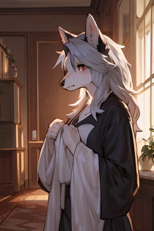 a young fluffy anthro furry fenrys, white hair, long hair, animal ears, blue eyes, bracelets, bare shoulders, blue ribbon, choker, mating with wolf, (best quality,4k,highres,masterpiece:1.2),(fluffy anthro furry :1.5),(young :1.6)