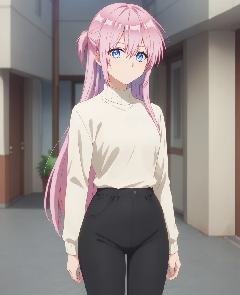 anime art style, 2d, masterpiece, best quality, very aesthetic, absurdres, dynamic shadows, atmosferic, shikimorisan, (1girl), pink hair, long hair, blue eyes, narrowed eyes, detailed eyes, hair between eyes, bangs, medium breasts, makeup, curvy body, sexy, turtleneck shirt, black shirt, white skirt, pleated skirt, white thighhighs, see-throught thighhighs, bare shoulders, bare arms, sneakers, smile, ((cowboy shot)), (((hands on own chest))), (kneeling), (from side), (bed), (furniture), (plants), (indoors), (window), (looking at viewer:1.0)