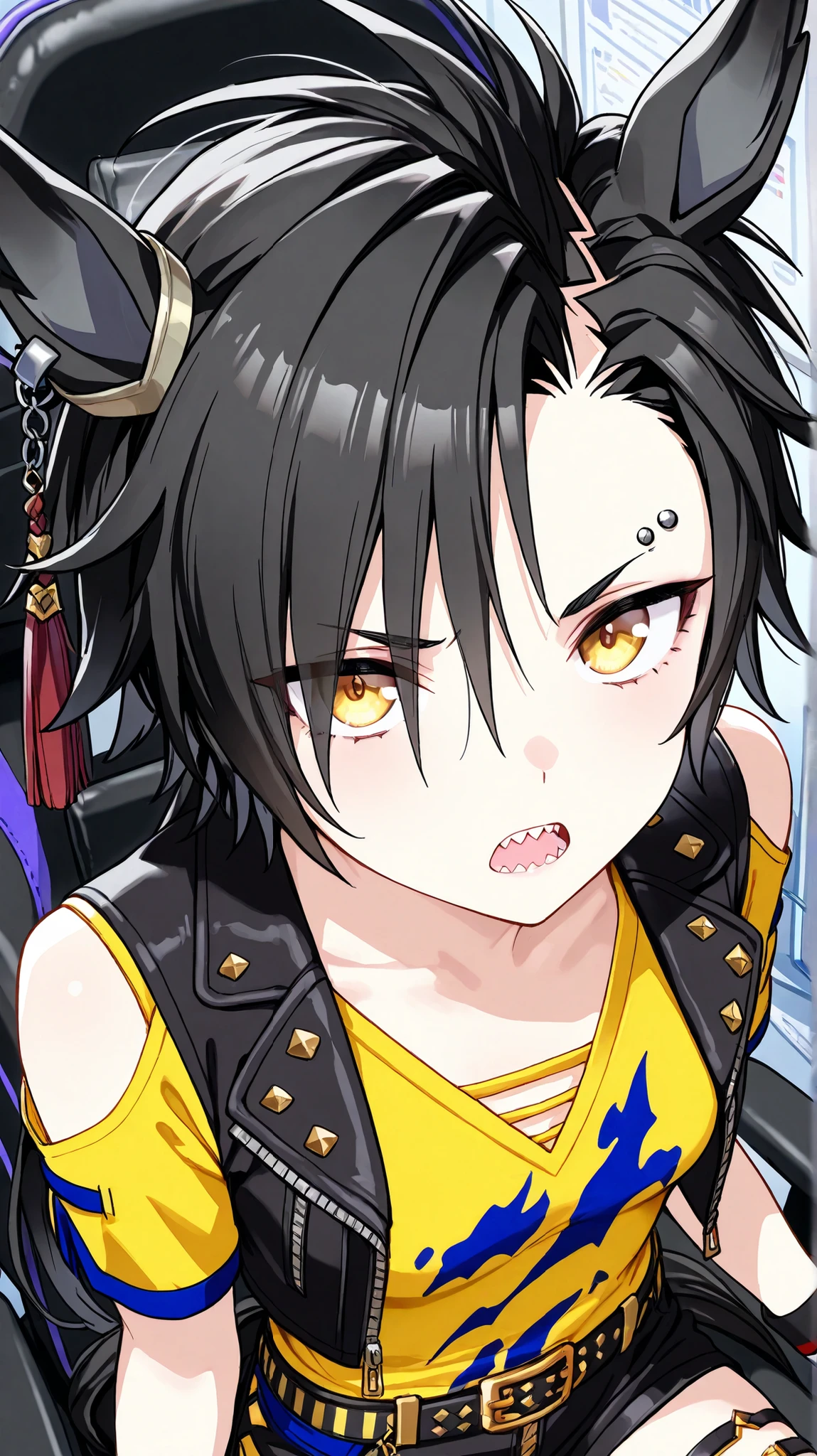 air shakur,umamusume
High quality , best quality , masterpiece, High Resolution , detailed face( LoRA: air shakurdef),anatomically correct, detailed hair(LoRA: air shakurdef) ,detailed bangs(LoRA: air shakurdef),anime
coloring
solo, 1 girl, Adult woman, cool woman
horse tail, sharp teeth, asymmetrical bangs, horse ears, ear ornament, yellow eyes, scowl
black jacket, cropped jacket, shoulder cutout, open jacket, short sleeves, yellow color V-neck shirt(yellow shirt), clothing cutout, black shorts, short shorts, belt, thigh strap, eyebrow piercing, ear piercing, wristband, Small breasts,slender
close up , looking at viewer ,from above,upper body
Server room, gaming chair, personal computer
open mouth, Expressionless