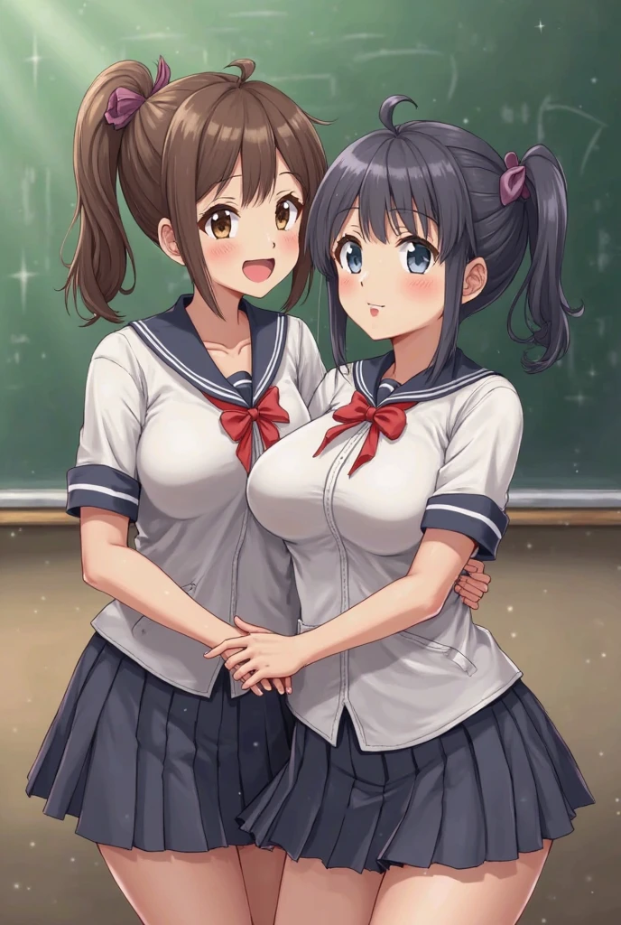 Highest quality、High resolution、Detailed Background、(Beautiful face in every detail:1.4)、Anatomically correct、(Detailed facial expressions)、
Teenage beauty、(Highly detailed face:1.2)、(Huge breasts:1.2)、cute hair color、Bobcut、ponytail、cute hairstyle、Attractive Big Butt、Perfect body line、well-groomed eyebrows、cute gesture、
(Two beautiful girls sitting at a desk in a classroom with big smiles:1.5)、
Navy blue sailor suit、White sailor collar、Pleated mini skirt、White Stockings、
Under the skirt、Under the skirt、(close-up underwear From below)、From below、Are standing、
Butt、Panty shot、(underboob:1.3)、(Panty Shot:1.3)、cute