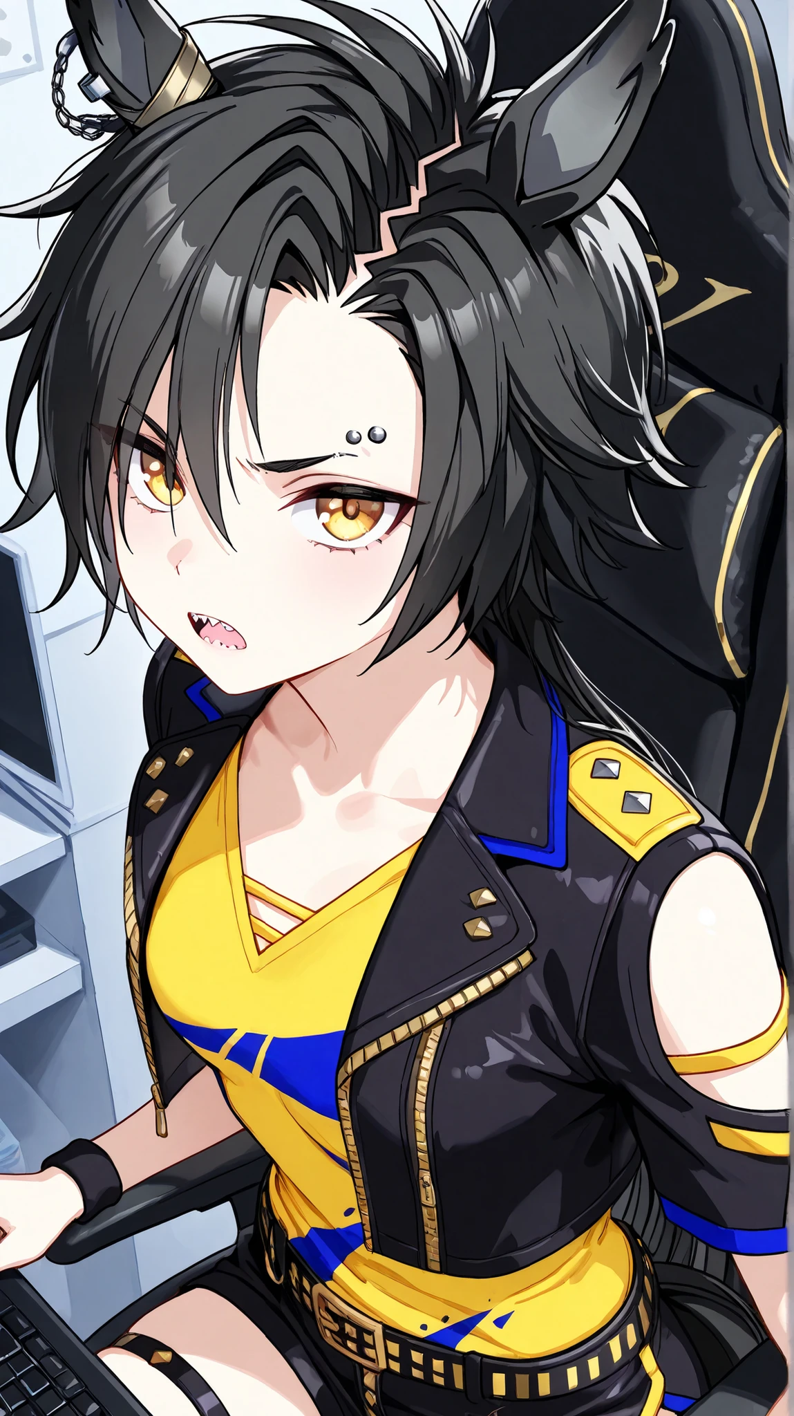 air shakur,umamusume
High quality , best quality , masterpiece, High Resolution , detailed face( LoRA: air shakurdef),anatomically correct, detailed hair(LoRA: air shakurdef) ,detailed bangs(LoRA: air shakurdef),anime
coloring
solo, 1 girl, Adult woman, cool woman
horse tail, sharp teeth, asymmetrical bangs, horse ears, ear ornament, yellow eyes, scowl
black jacket, cropped jacket, shoulder cutout, open jacket, short sleeves, yellow color V-neck shirt(yellow shirt), clothing cutout, black shorts, short shorts, belt, thigh strap, eyebrow piercing, ear piercing, wristband, Small breasts,slender
close up , looking at viewer ,from above,upper body
Server room, gaming chair, personal computer
open mouth, Expressionless