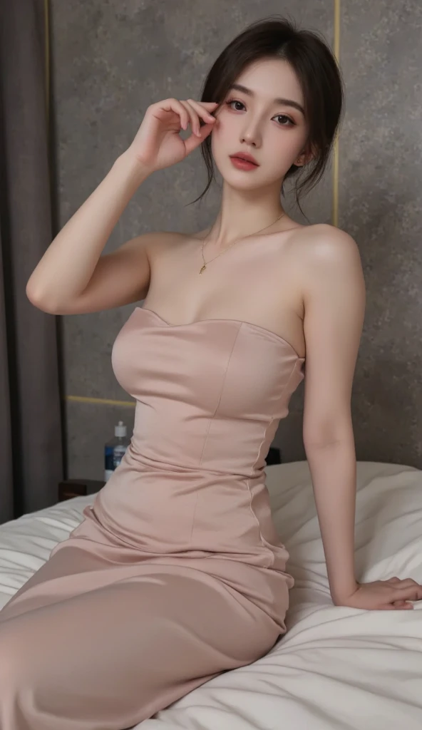 (Best quality at best, 4K, 8K, A high resolution, tmasterpiece:1.2), ultra - detailed, (actual, realistic, Photorealistic:1.37), (masterpiece, best quality, High detail, Best image quality, super detailed, high resolution, Very detailed, Best quality, Extreme detail description, hyperdetailed painting), An extremely delicate and beautiful work, sexy detailed woman, ((standing)), hazy beauty, very detailed facial, delicate face, adorable, detailed skin structure, fair skin, perfect anatomy, ((naked body)), Beautiful detailed naked body, Beautiful detailed whole body, lovely lips, slim waist, (huge breasts), ((beautiful nipple)), big breasts beautiful, big breasts enchanting, (Beautiful detailed eyes, soulful eyes, realistic eyes, beautiful and clear eyes:1.1), (close eyes:1.2), shiny color hair, ((bouffant curled bun hair)), ((laugh:1.2)), ((Alluring)), ((Enchanted expression:1.1)), (seductive look:1.1), (Enchanted pose:1.1), (naked half shirt, exposed nipple), head gear, highly detailed, earring, ((view over room, midnight)), (romantic scene), physically-based rendering, ((the body from the thighs up)), (looking at viewer)