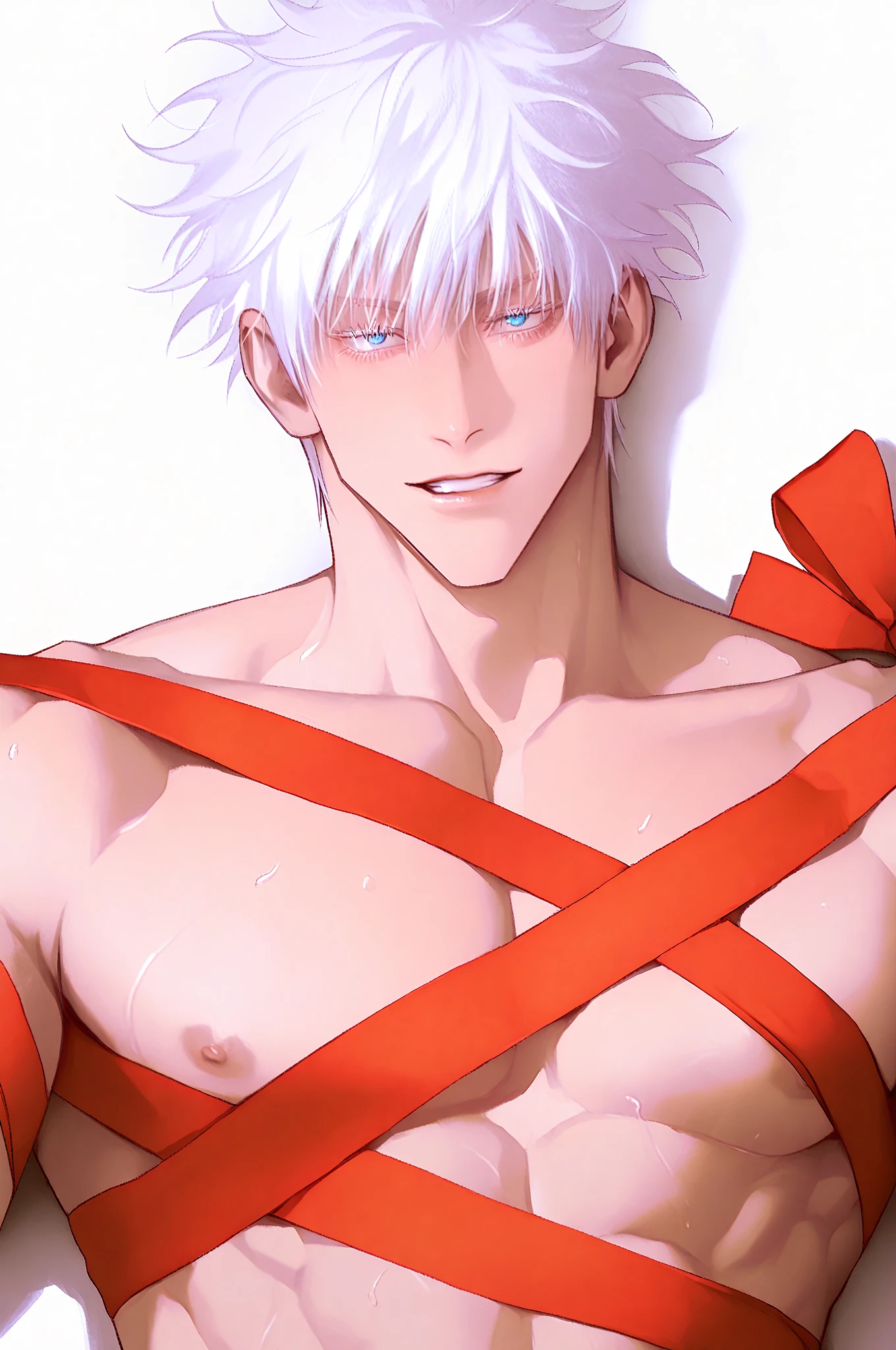 Gojo Satoru from Jujutsu Kaisen 1,spiky white hair, cocky smile and with his blindfold around his eyes , with spiky white hairand cocky smile, lying on a bed half naked
