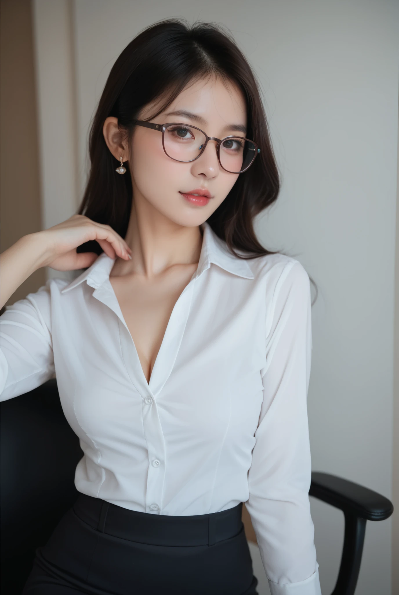 (masterpiece, best quality: 1.2), night(Chainsaw Man),(very detailed face, real image, Realistic skin, Realistic body, Intricate details), Red Eyes (Intimidating appearance), faint blush, Social Clothing, Half-open button shirt (White's), White, skirt (Black), Black belt with buckle, short hair, Glasses, Small Breasts, close up, thigh, classroom, Blackboard.