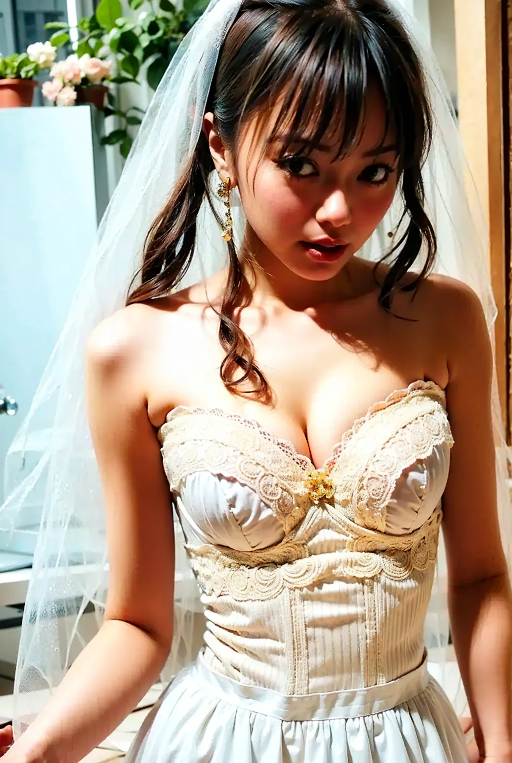 NSFW, ((highest quality)), ((8K)), ((masterpiece:1.3)), (be familiar with), perfect face, no underwear, hairy pussy,  ((japanese woman)), (Married woman), ((47 years old)), (( giant big big sagging breasts:1.5 )), banana tits,  large hips, slim waist (((Layering petticoat dress and underwear))), ((Silk petticoat dress)), (Transparent white petticoat dress:1.05), (white bra:1), (2 sets of shoulder straps), (Bunty), (wrinkles on the face:1.2), ((wrinkles at the corners of the eyes)), A slightl smile look, (lips slightly open), (Look diagonally forward to the left:1.3), (Long wavy hair), double upper eyelid, (whole body), Standing in doorway of bathroom, leaning against doorway, side boob, turned to the side, sticking out bottom, fabric draped over her hips, split material