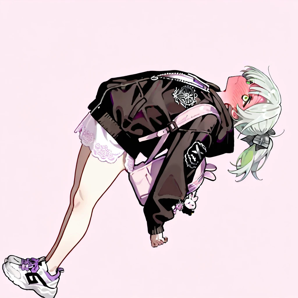 perfect anime illustration,1girl, short hair girl wears headphones, gradient, floating, grey hair,pink and cyan color, neon colors,cyberpunk character,dystopian or a post-apocalyptic world.