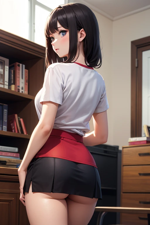(best quality:1.3), (4k quality),(sharp image), Utahime, ((Detailed face)), ((masterpiece face)),((perfect detailed eyes)) (blush), Utahime, dark hair, long dark tied hair, brown eyes, pink lips, pink lips, sly face, face with stern features, ((detailed face)), perfect face, highly detailed eyes, masterpiece, absurdres , (intricate details), (colorful),cinematic lighting, extremely detailed CG unity 8k wallpaper , 1girl, solo, mature female, erected tits, fit body, cameltoe, white kimono with long red skirt, (tricky glance, wicked smile), living room, ((perfect small erected breast)), ((kneeling and showing her big sexy ass, under the skirt(upskirt))), (((pumped up ass)))(((nude ass))), from behind bottom