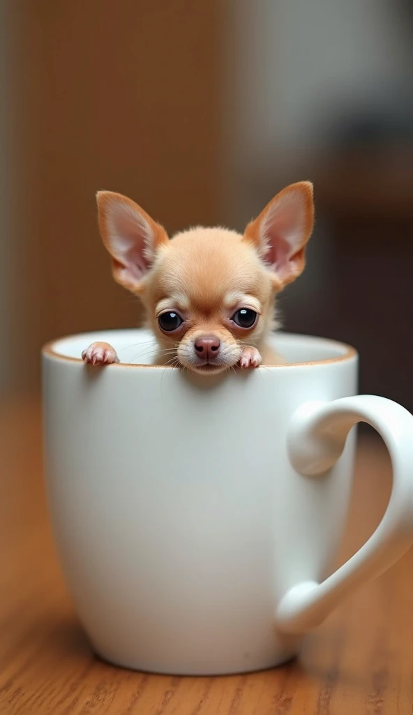 tiny cute chihuahua sitting in teacup, Claymation, Closeup, fluffy fur, high detail, glittery eyes, soft lighting