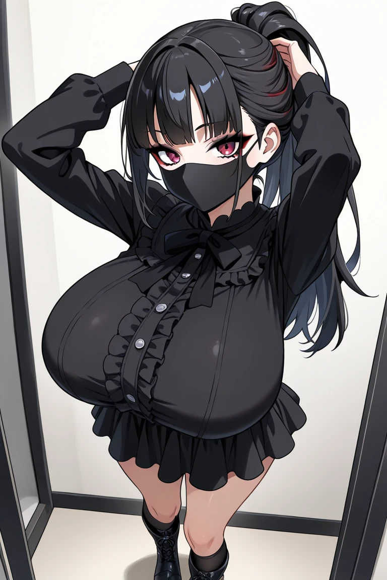 very big breasts、big thighs、Thighhighs、black mouth mask、20-year-old、twin tails、