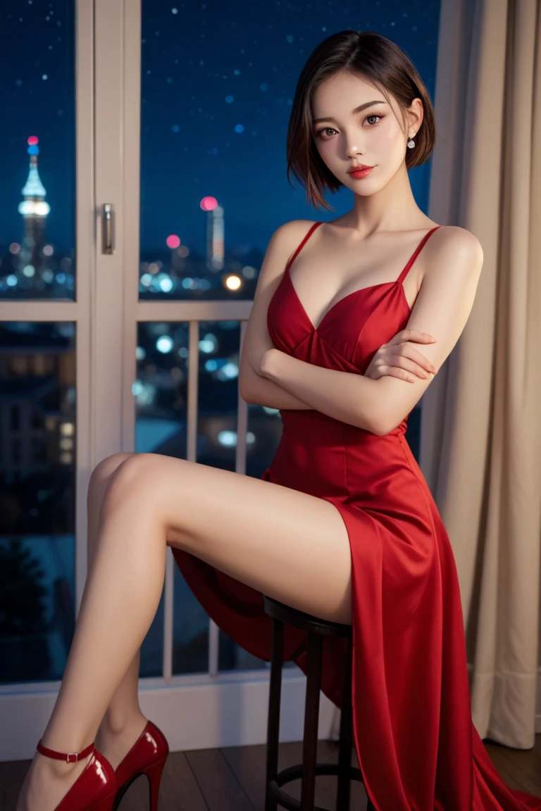Full body of a very beautiful woman standing on the balcony of a European castle,At night,She seduces the viewer,She is trying to take off her dress,Side angle,Upward-facing buttocks,(Arch your back),Sexually arousing facial expressions,(She is wearing a red lace dress),(((Dress being taken off))),See-through dress,See-through,revealing sexy dress,Sex Appeal,Sensual 40-year-old,sex appeal,Bold,(masterpiece),(Highest quality),(8K),(Super fine),(Super detailed),slender,skinny,Perfect proportions,Perfect body,Large Breasts,Cleavage,Small waist,Waistline,Big Ass,The background is a night city,Looking at this,A little small face,Very beautiful face,double eyelid,Detailed eyes,Beautiful eyes,Open your eyes slightly,Long eyelashes,Natural Lip,Stunningly beautiful face,Mature body,Erotic body type,A seductive gaze,(Lift your chin),(Sexual climax),Ecstatic expression,Ecstasy,Bewitching atmosphere,Earrings,Gorgeous necklace,Stand all over the body,Long legs,Beautiful feet,(Short bowl cut hair),((Gray Hair:1.2)),(Anatomically correct body),Physical-level rendering,Anatomically correct feet,Anatomically correct fingers,
