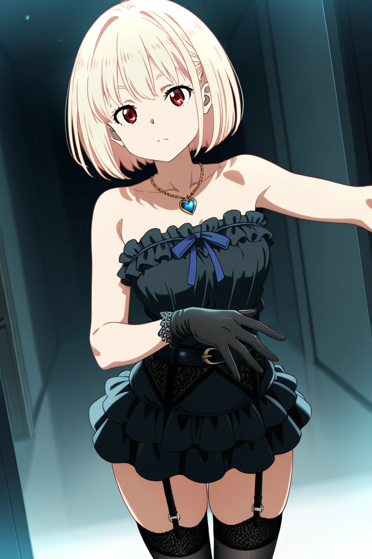 ((1girl)),((alone)),akane hououji,(masterpiece), (best quality), (ultra detailed), (best illustration), (best shadow), (absurdities), sharp focus, cowboy shot ,atmospheric perspective, depth of field, dynamic posture looking at the viewer, large breasts, narrow waist, wide hips, wide thighs, round butt, erotic, romantic, (very detailed eyes, lips 1.1), very detailed eyes, eyes, very face detailed, very beautiful face, full height, beautiful slim figure, femininity, expressive appearance, elastic big breasts, sexuality, dull blonde hair, short hair, blue eyes,((1piece black dress:1.4)), ((short dress) ), ((tight dress)),((bare shoulders, bare arms, ((neckline)),((black heels)), curves, defined body, Perfect and beautiful body, perfect and beautiful, closed mouth, smile, smile happy, blushing, (sexy pose: 1.2), ((solo: 1.4)), standing: 1.3,(( : 1.5, outdoor : 1.5, night: 1.5, city lights: 1.4, buildings: 1.5, streets: 1.4, Japanese metropolitis: 1.4)),looking ahead,((focus on the hips)), point of view: (from middle), perfect anatomy, perfect hands